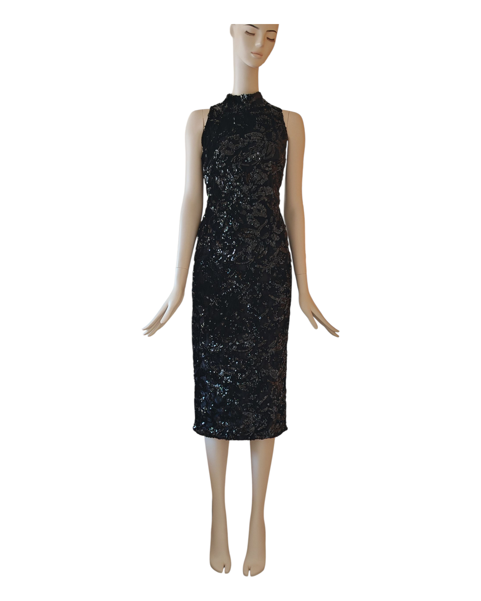 IMG_20250829_124818 Club London Black Sequin Sleeveless High-Neck Midi Dress 12 New with tags - Image 1