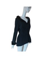 Vintage 80s Thierry Mugler Sculpted Black Jacket Blaser Top With Fur Trim - Image 3