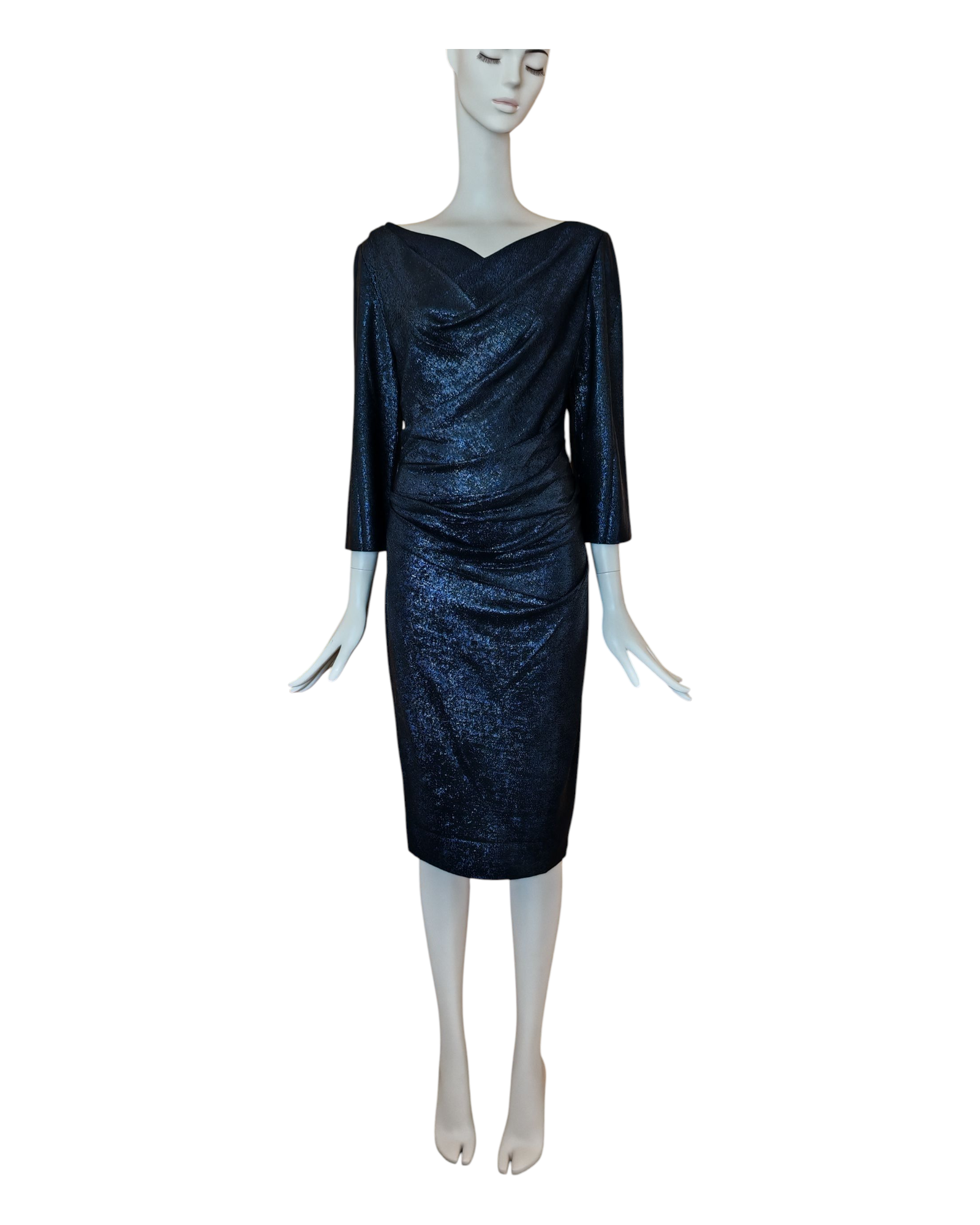 IMG_20250925_125538 (1) Talbot Runhof Mirrorball Shimmer Stretch Draped Cocktail Evening Dress Size US 12 UK 16 - Image 1